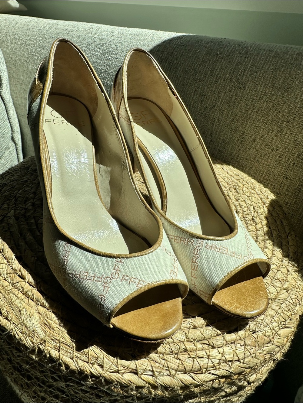 Gianfranco Ferre Cream Canvas & Tan Leather Peep-Toe Heels -Rare!